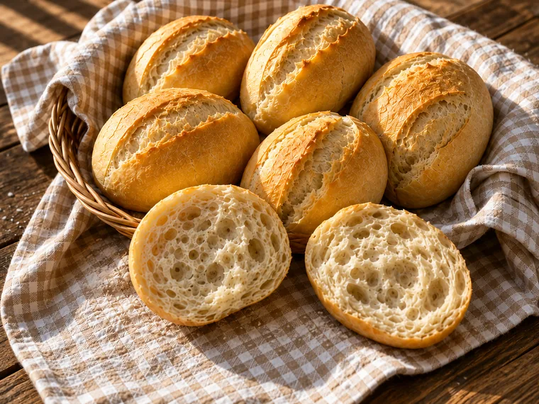 Cesta de pães franceses dourados sobre um pano xadrez, com dois partidos ao meio mostrando o miolo alveolado