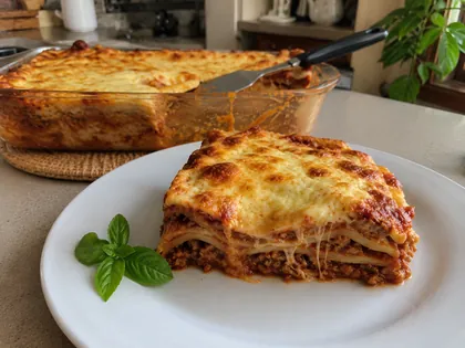 Lasanha gratinada na travessa, foto enviada por Marlene S.